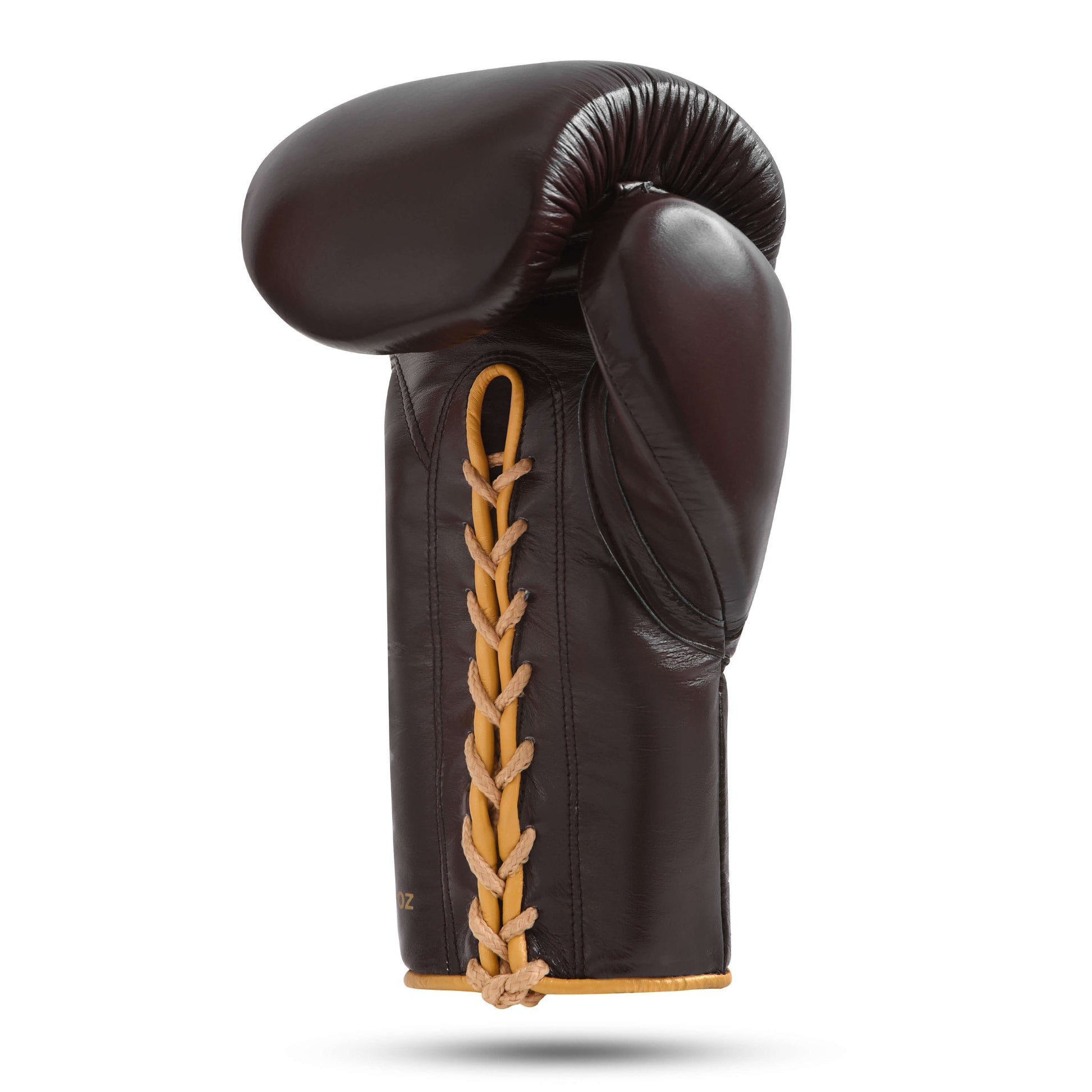 Fereli Huskarl Lace Up Boxing Gloves shown from the side, highlighting the tan laces and ergonomic wrist support of the handcrafted brown leather glove — premium boxing equipment for box MMA.