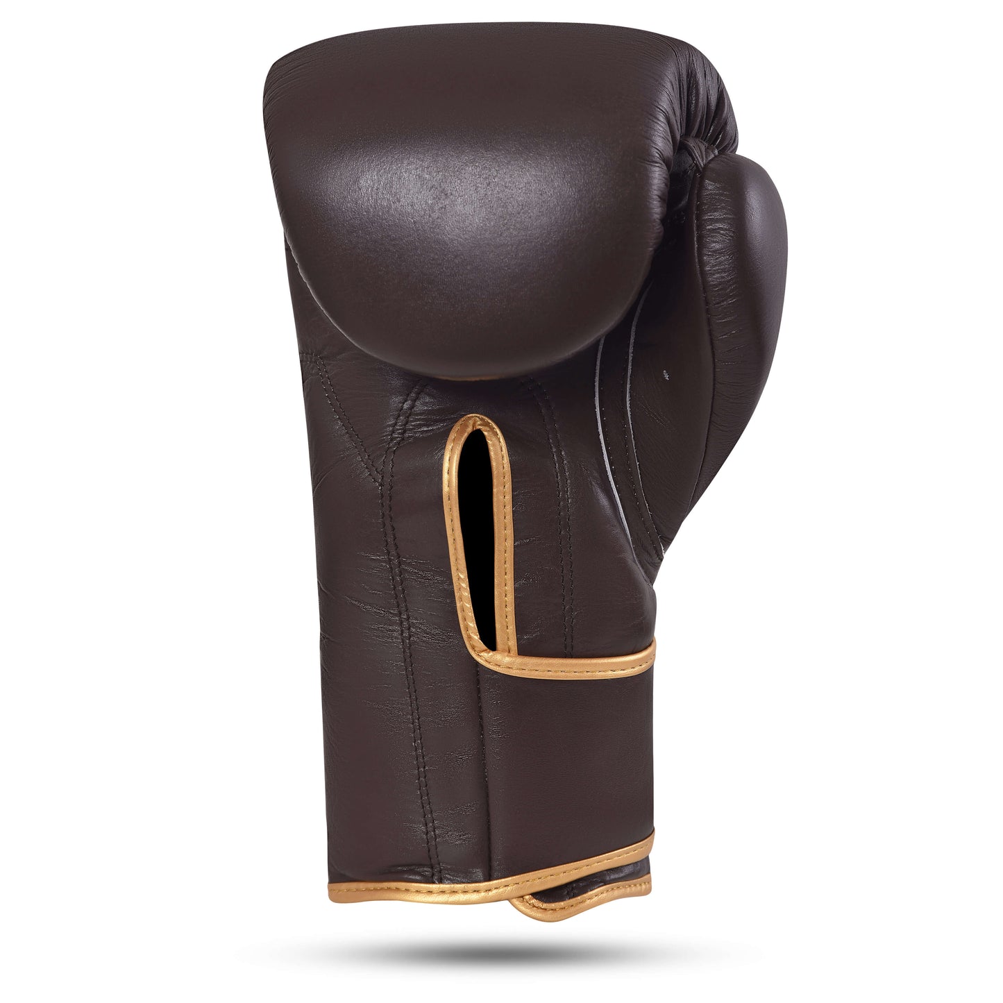 Back view of Fereli Huskarl brown leather strap boxing gloves online, designed with gold trim, premium brand boxing gear suitable for box mma and sparring.