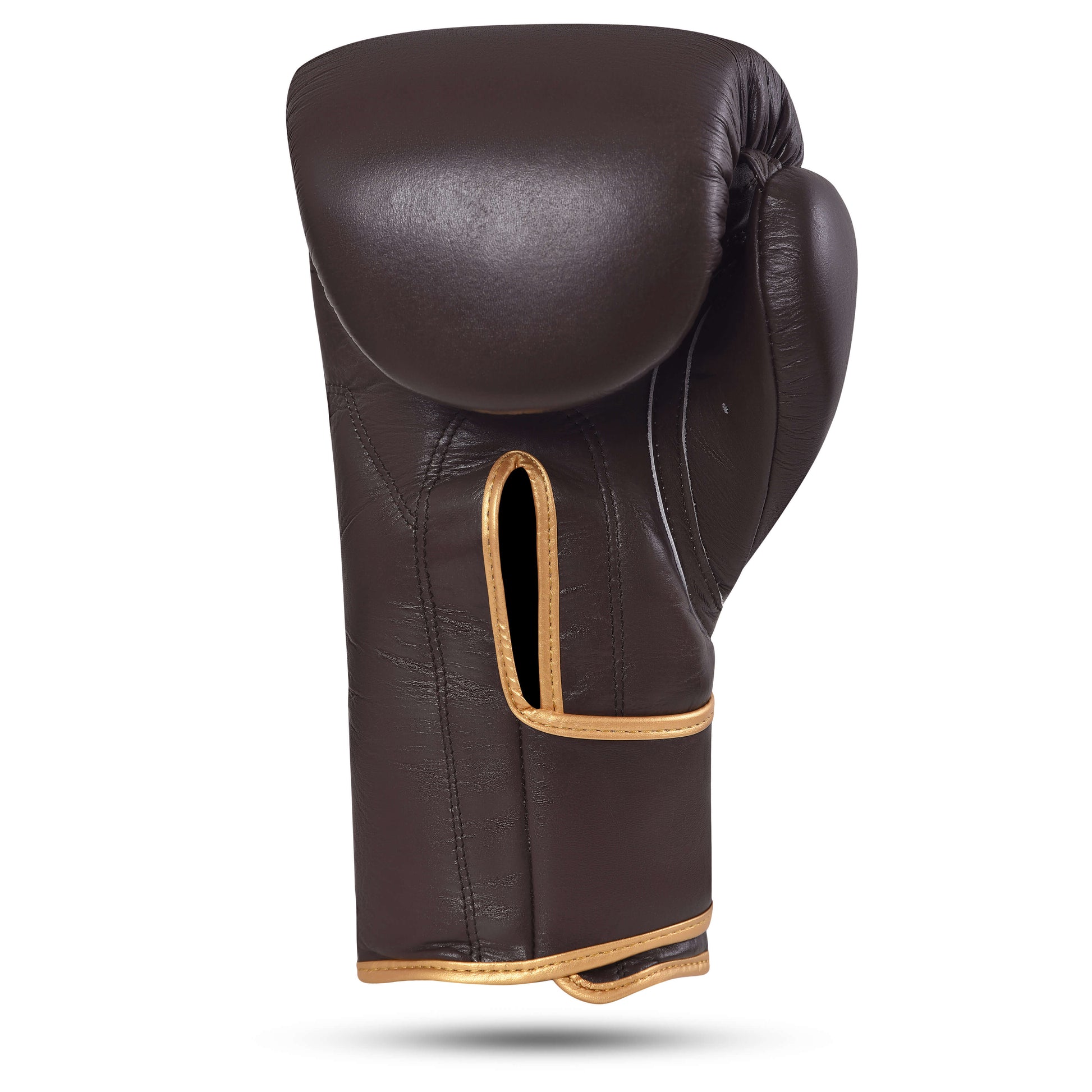 Back view of Fereli Huskarl brown leather strap boxing gloves online, designed with gold trim, premium brand boxing gear suitable for box mma and sparring.