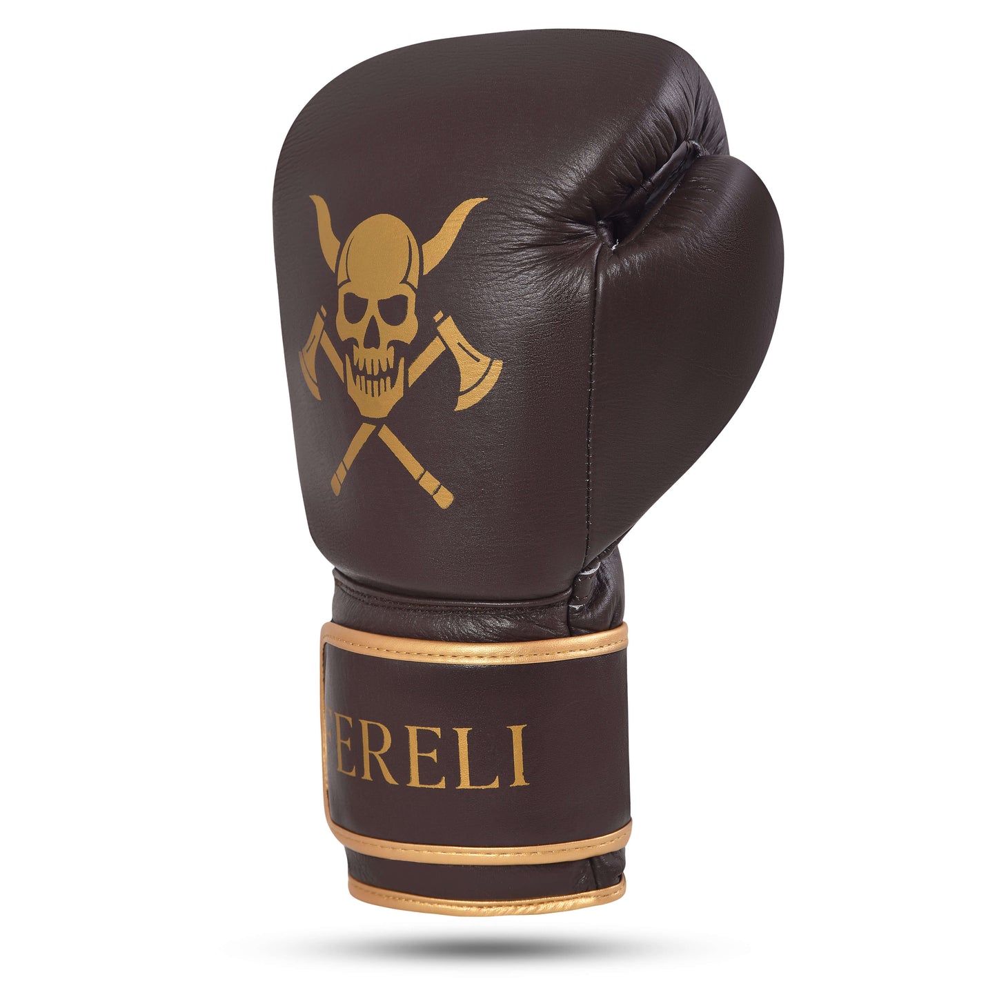 Fereli Huskarl brown strap boxing gloves online, shown from an angled front side view with Viking skull and axe emblem, durable brand boxing gear ideal for box mma and sparring.