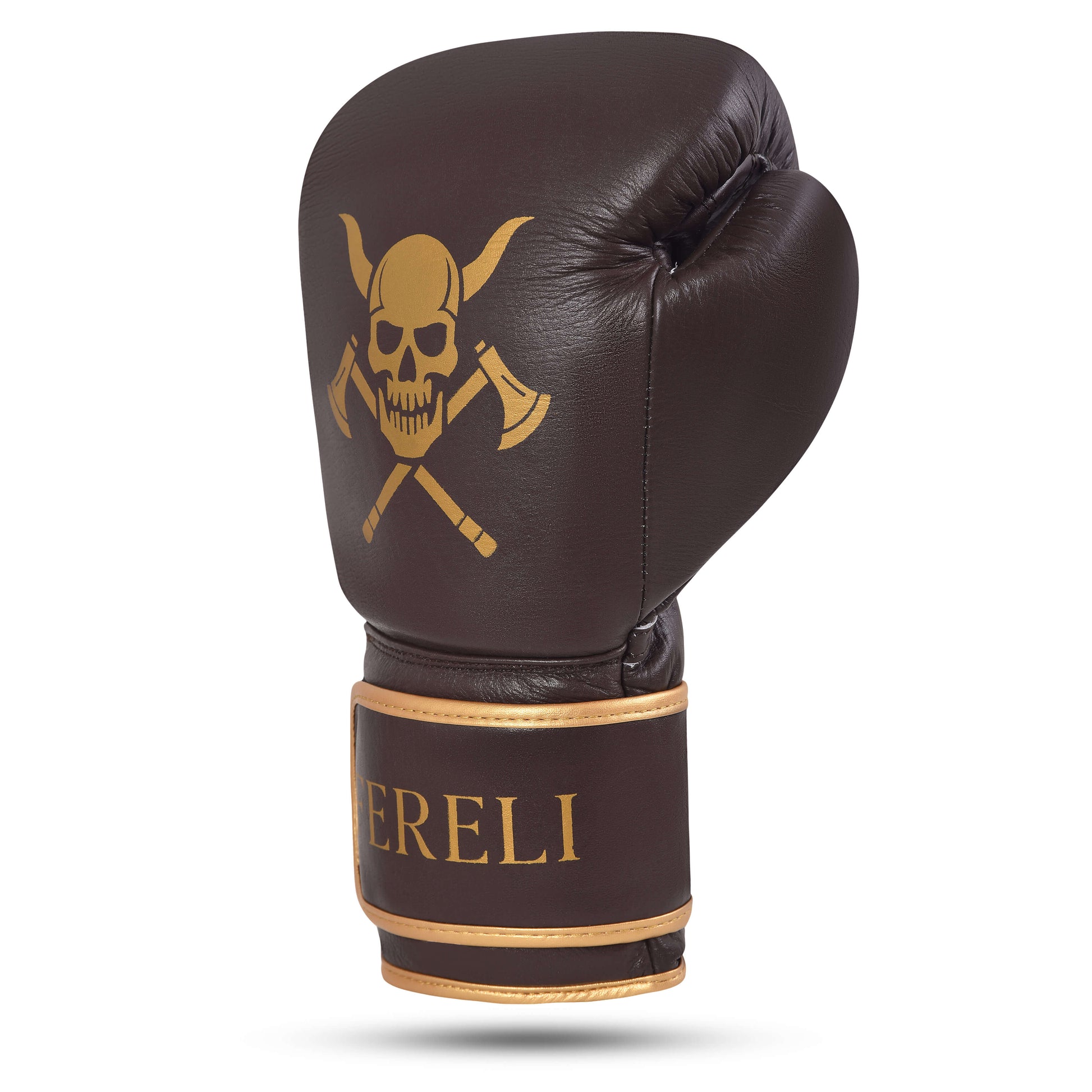 Fereli Huskarl brown strap boxing gloves online, shown from an angled front side view with Viking skull and axe emblem, durable brand boxing gear ideal for box mma and sparring.