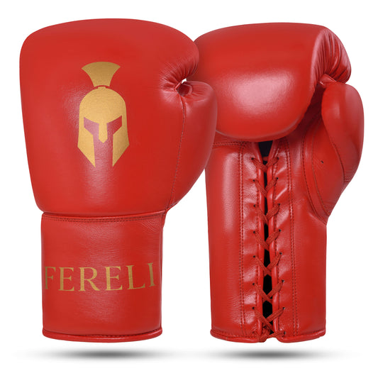 Fereli Ludus boxing gloves for kickboxing in bold red leather, premium full-grain design featured in our boxing gear sale and available through boxing equipment online.