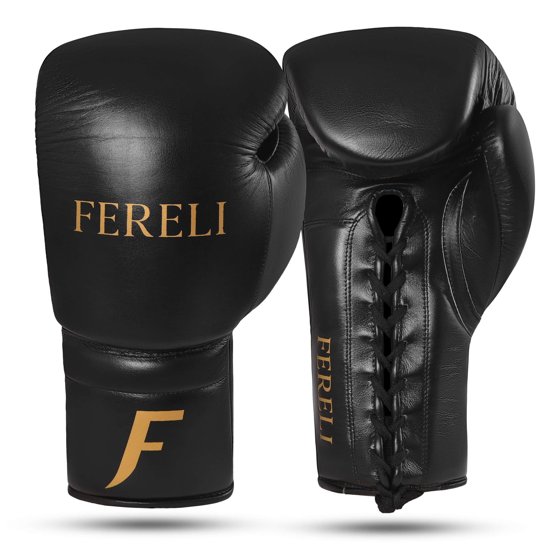 Fereli Phantom black lace-up gloves designed as beginner boxing equipment with durable foam padding, ideal for kickboxing sparring and training.
