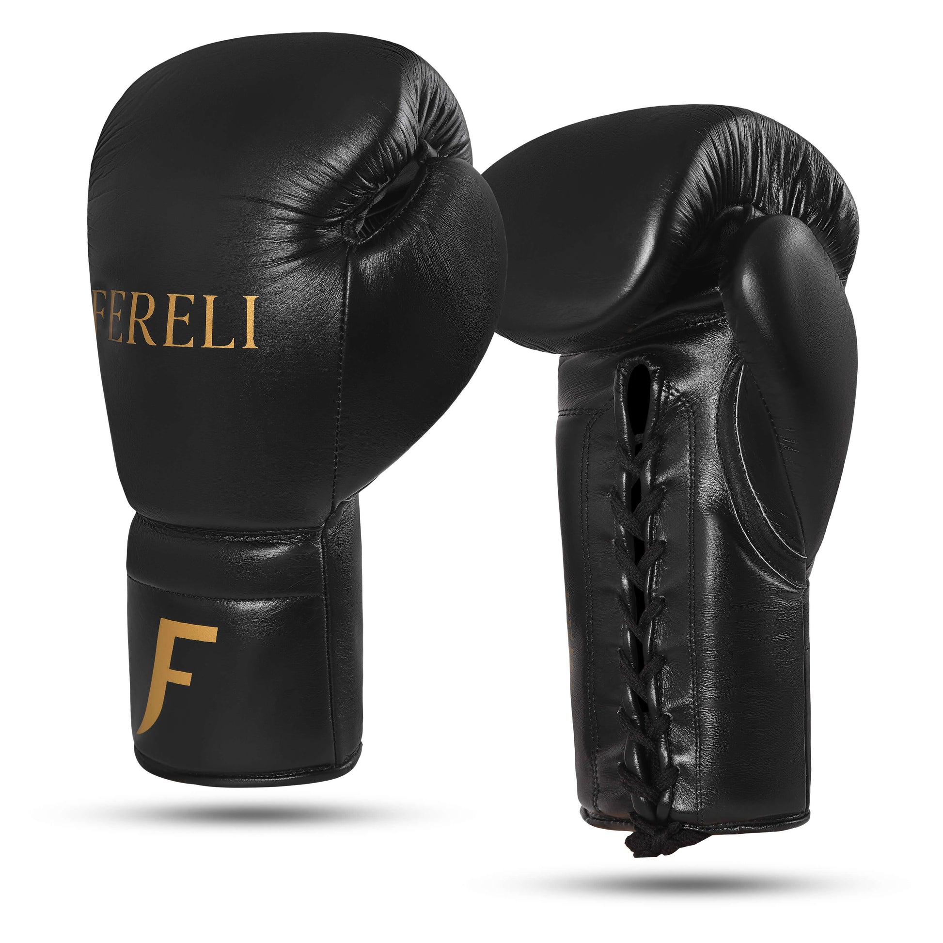 Angled view of Fereli Phantom black foam boxing gloves with lace-up design, ideal for beginner boxing equipment and durable enough for kickboxing sparring sessions.