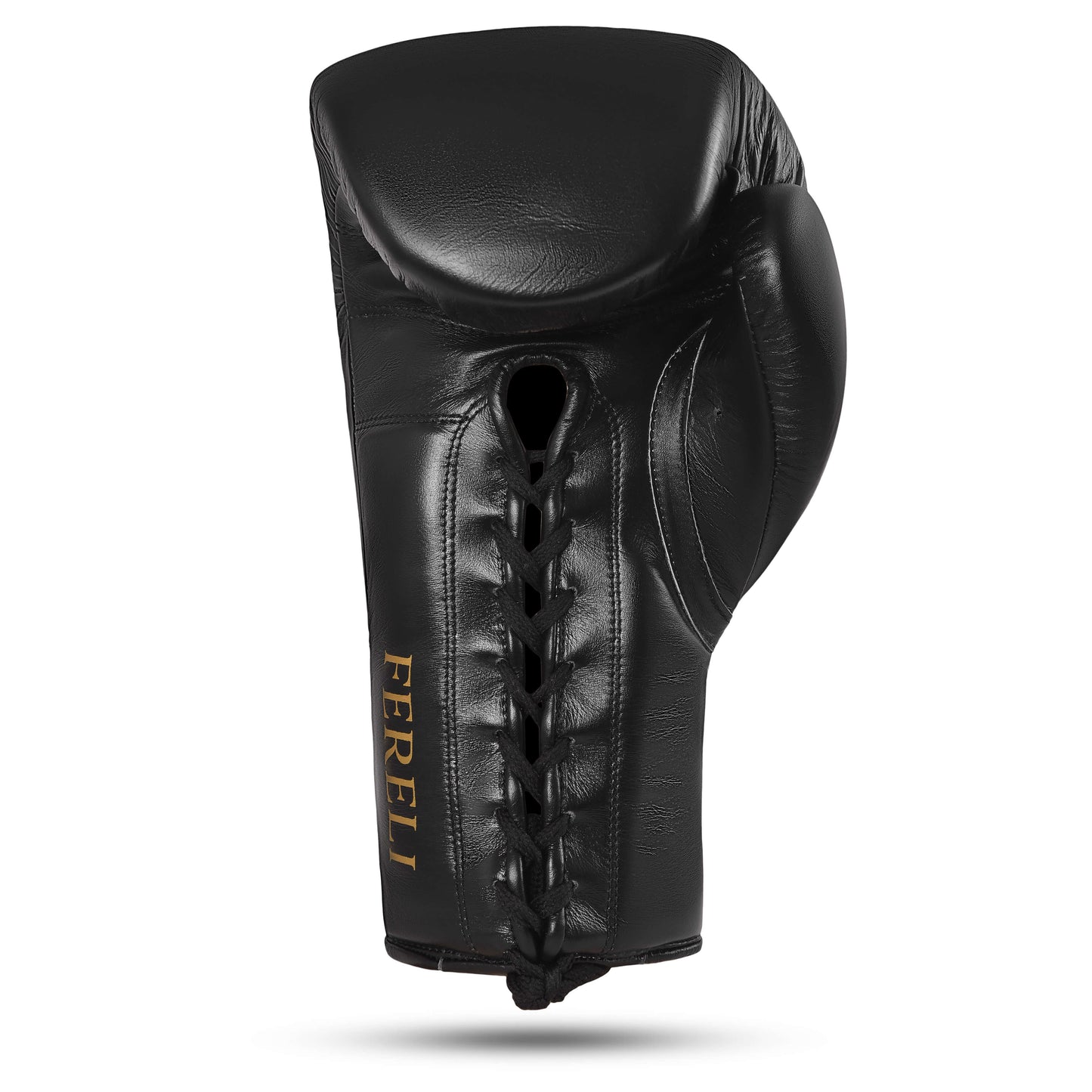 Rear view of Fereli Phantom black lace-up gloves made with foam boxing construction, providing reliable beginner boxing equipment for kickboxing sparring and training.