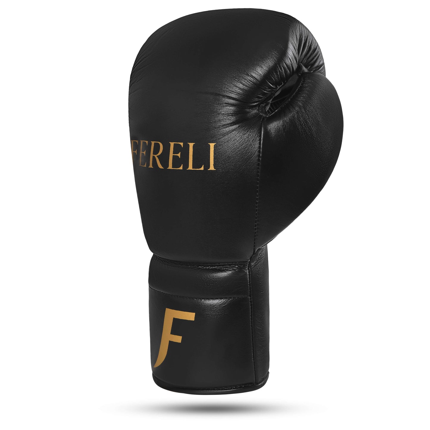 Side view of Fereli Phantom black boxing glove with gold Fereli branding, durable foam boxing gloves ideal as beginner boxing equipment for kickboxing sparring.