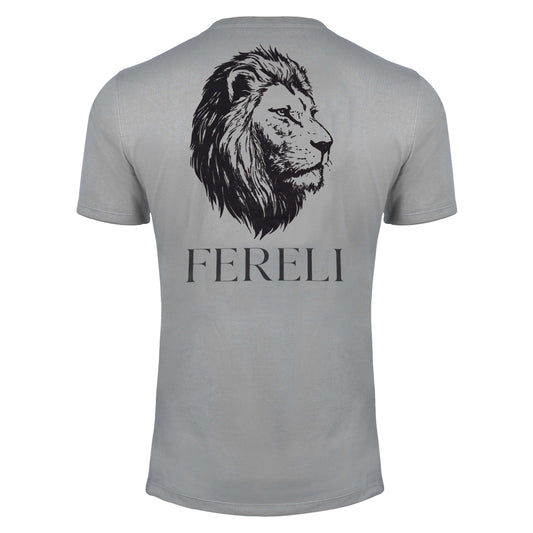 Back view of Fereli Resolve boxing lifestyle t-shirt showing lion head graphic and Fereli branding, premium boxing apparel t-shirt in grey