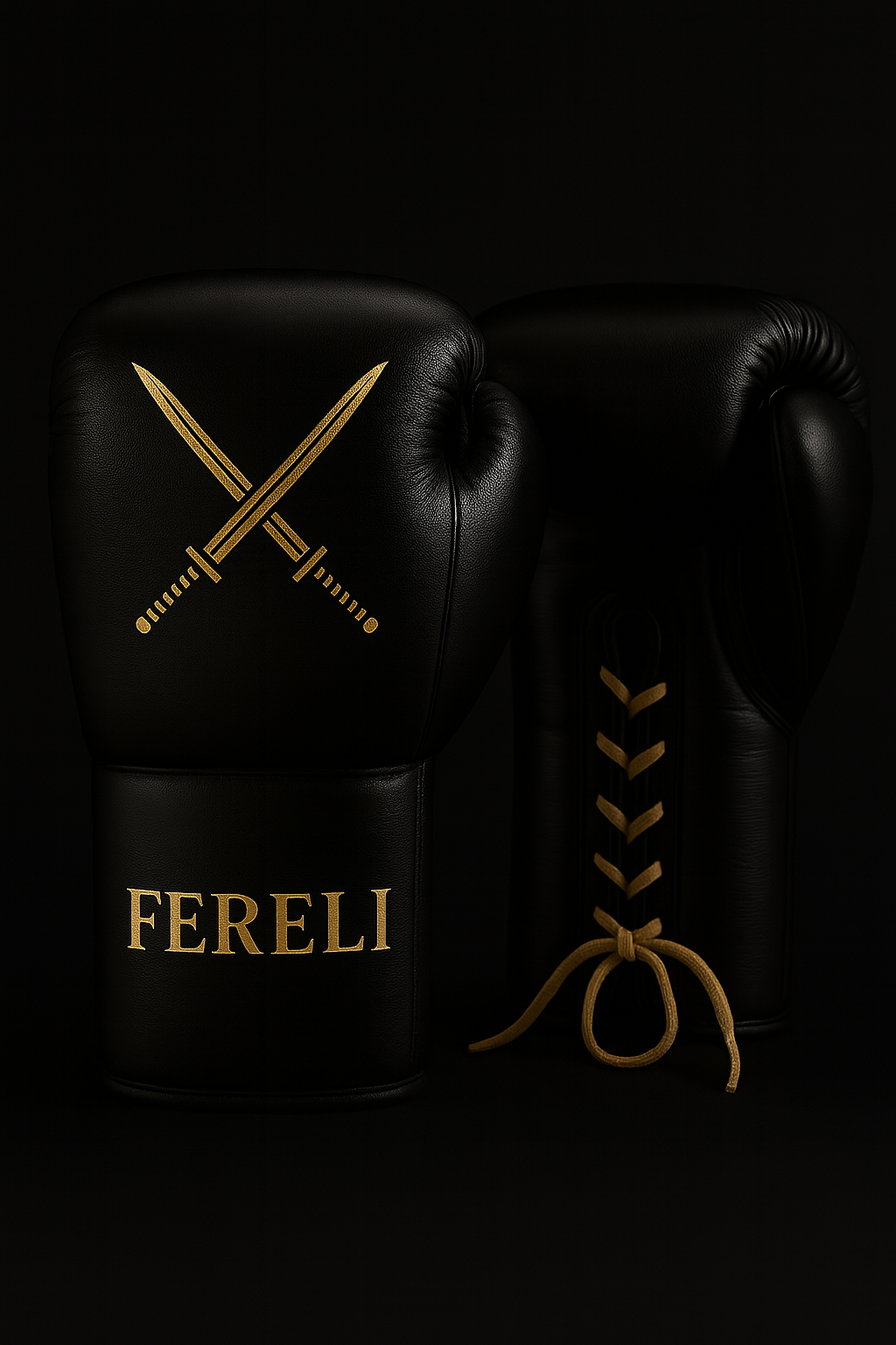 Fereli Shinken 16oz lace-up training boxing gloves in matte black leather with gold samurai swords and Fereli logo on a black background.