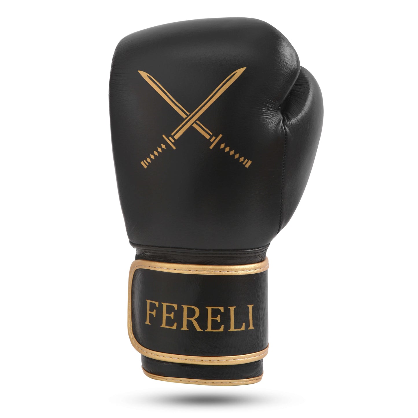 Front view of Fereli Shinken black boxing fight glove with gold detailing and strap closure, part of premium boxing kit online for training and sparring gloves use.