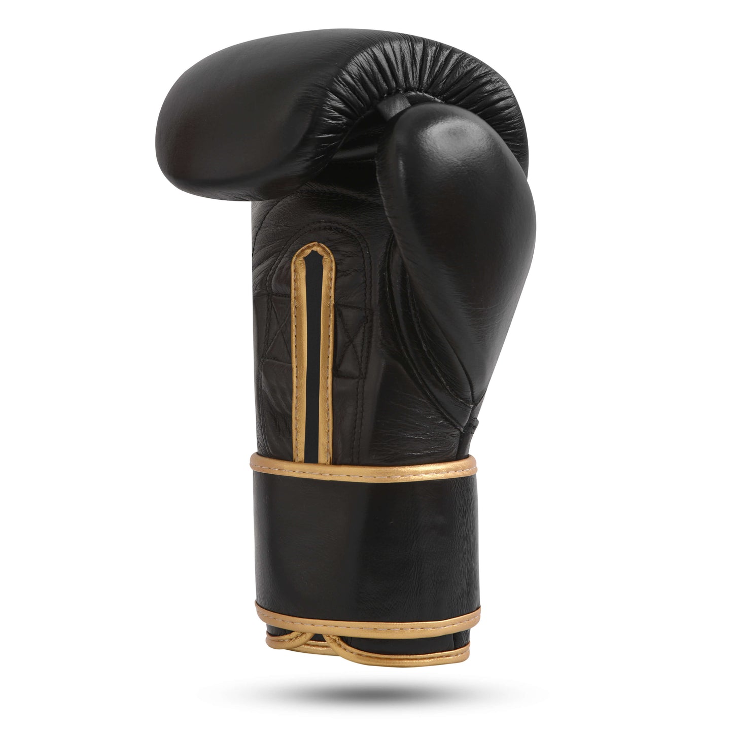 Side and rear view of Fereli Shinken black and gold boxing fight glove with strap, handcrafted for high-performance training sparring gloves and premium boxing kit online.
