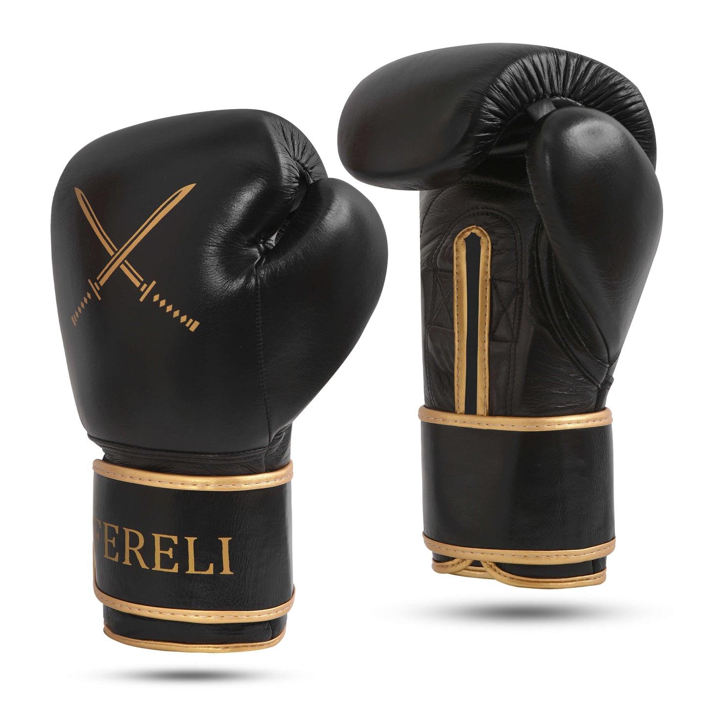 Pair of Fereli Shinken boxing fight gloves in black and gold strap design, crafted for elite fighters seeking premium training sparring gloves and complete boxing kit online.