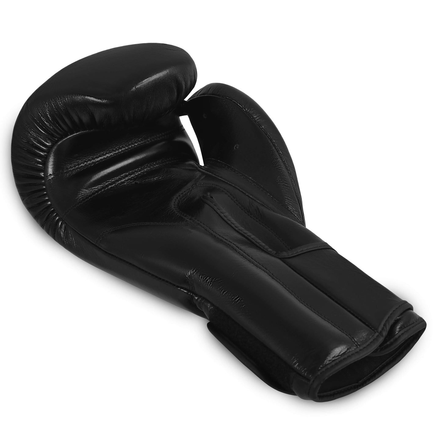 Flat view of Fereli Shinken black boxing fight gloves, crafted from premium leather for durability, ideal as training sparring gloves and available in our boxing kit online range.