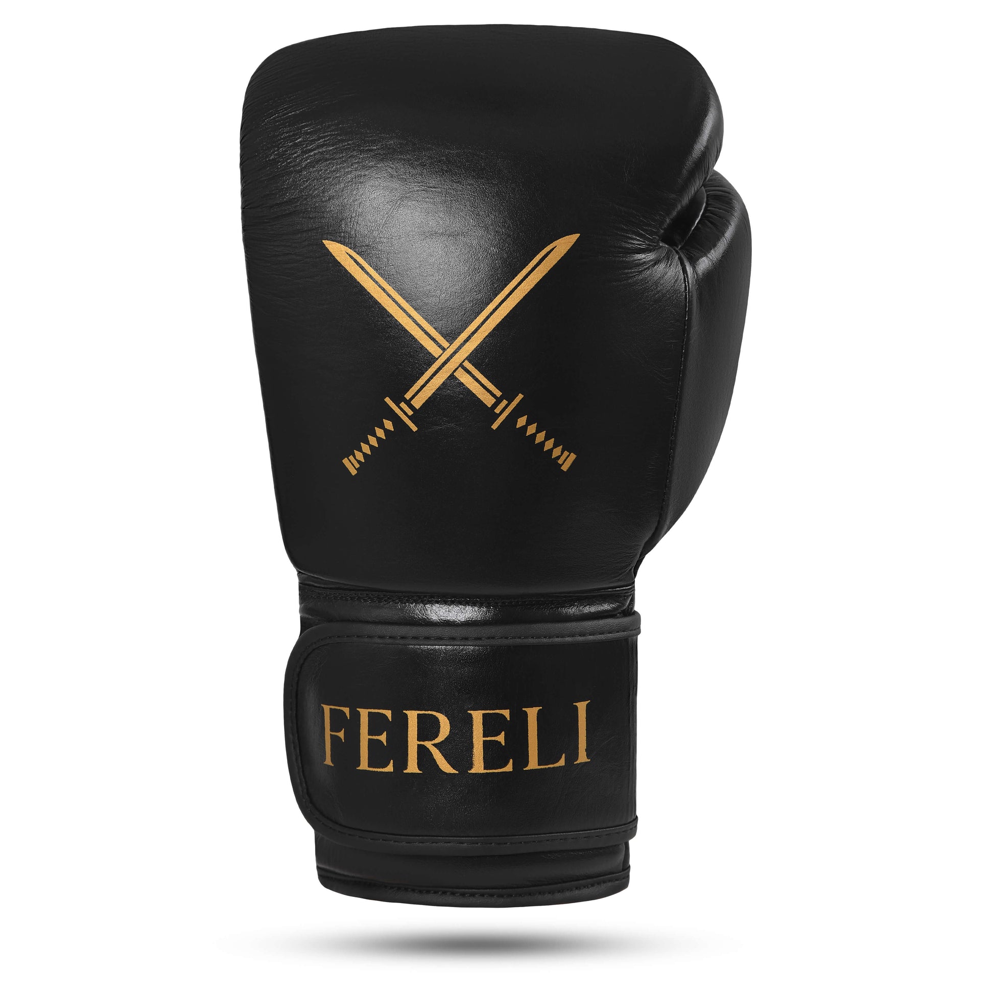 Front view of Fereli Shinken black boxing fight gloves with gold sword emblem, designed for durability and comfort as training sparring gloves, available in our boxing kit online collection.