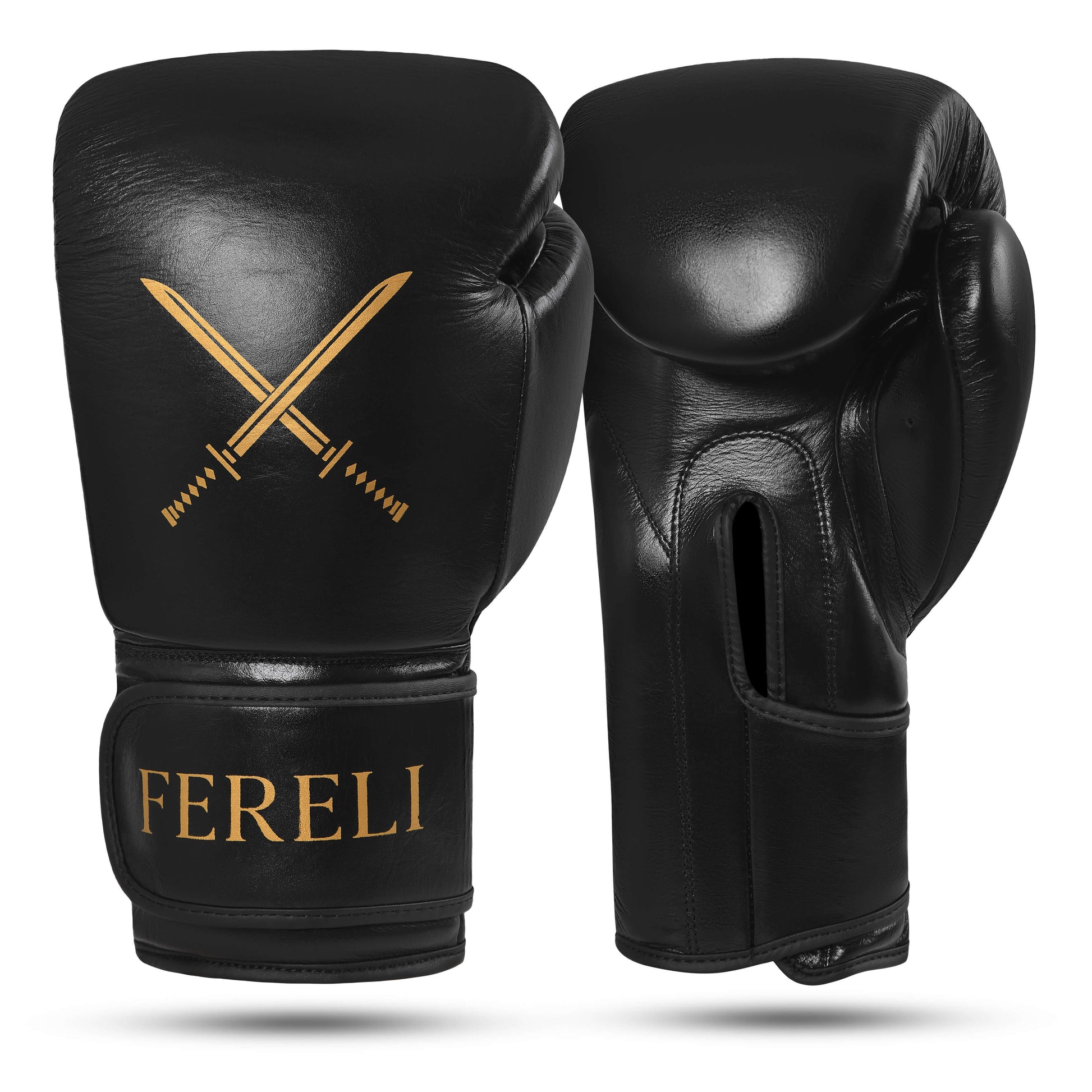 Fereli Shinken black boxing fight gloves, front and back view—premium leather training sparring gloves from our boxing kit online collection.