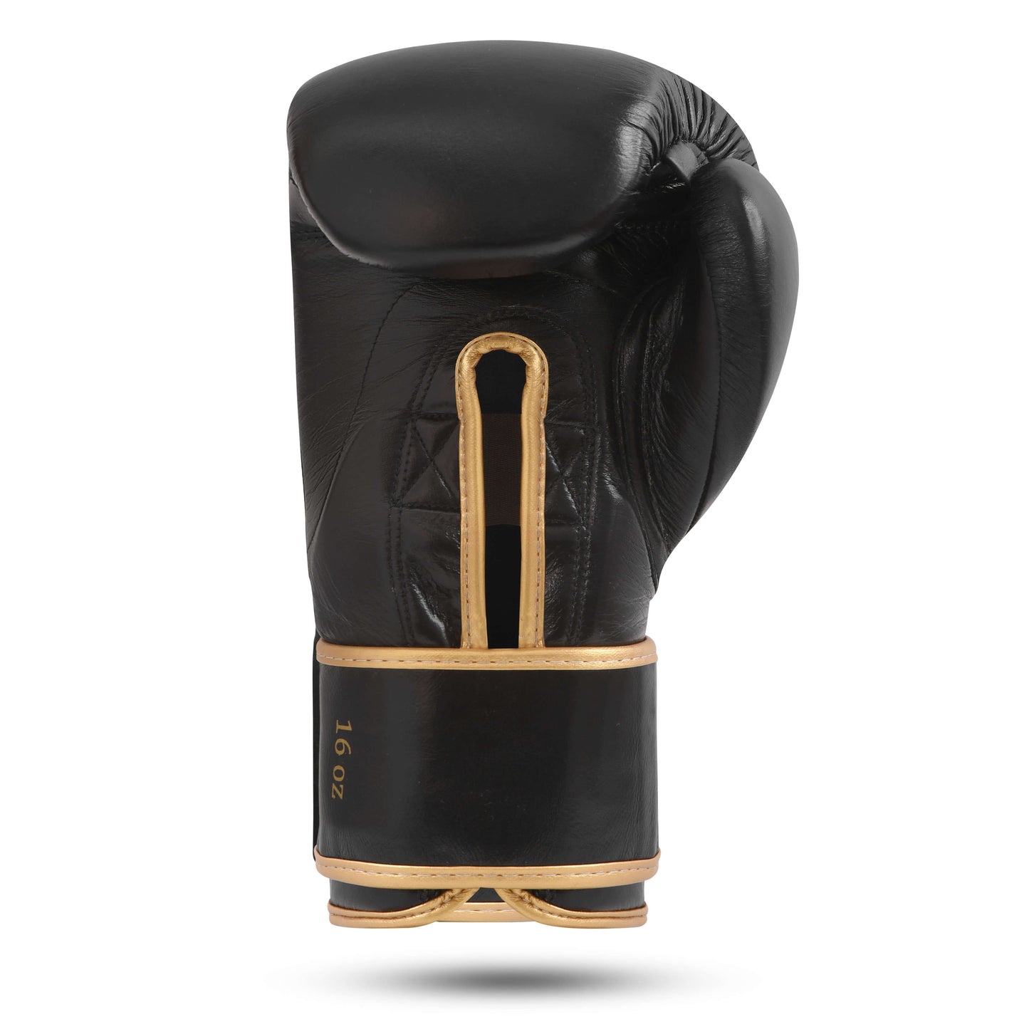 Rear view of Fereli Shinken boxing fight glove in black and gold strap design, premium 16oz training sparring glove ideal for boxing kit online collections.