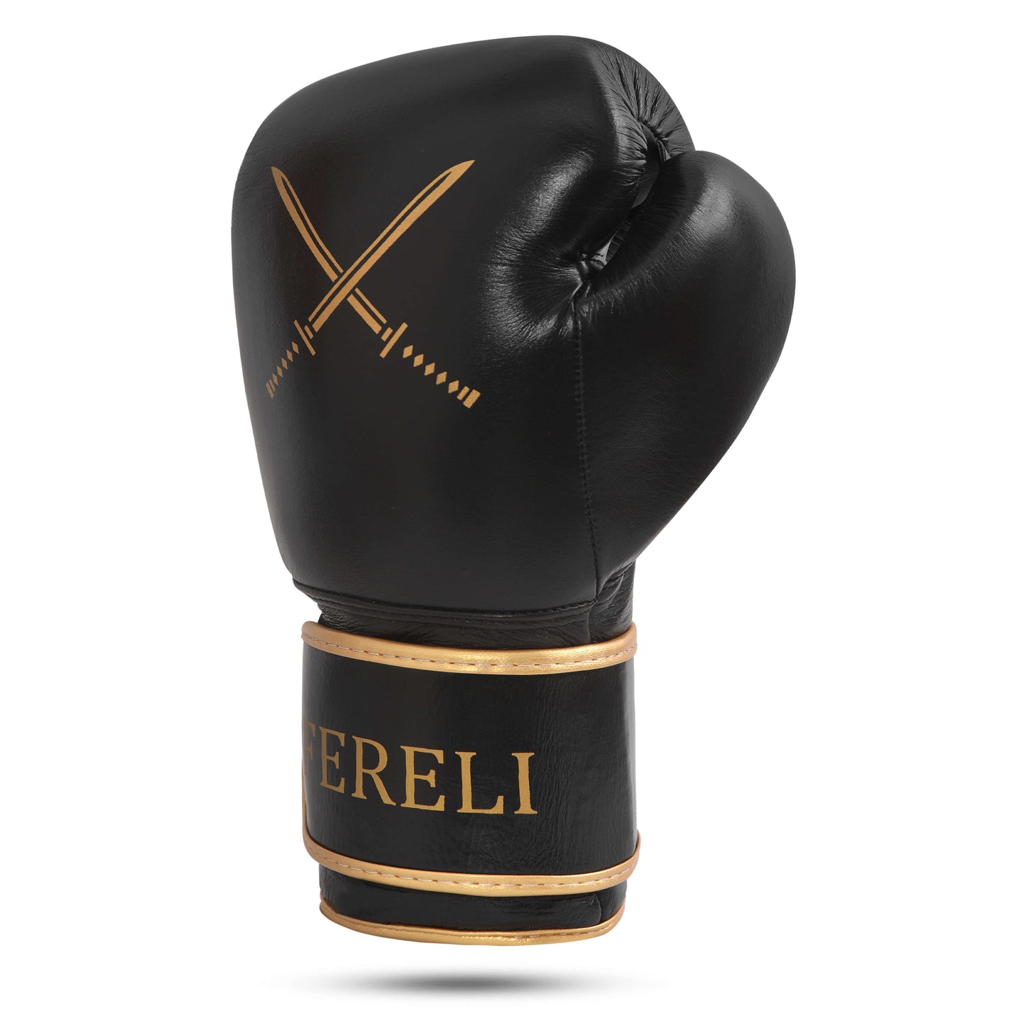 Angled view of Fereli Shinken black and gold boxing fight glove with dual sword emblem, handcrafted 16oz training sparring glove for boxing kit online.
