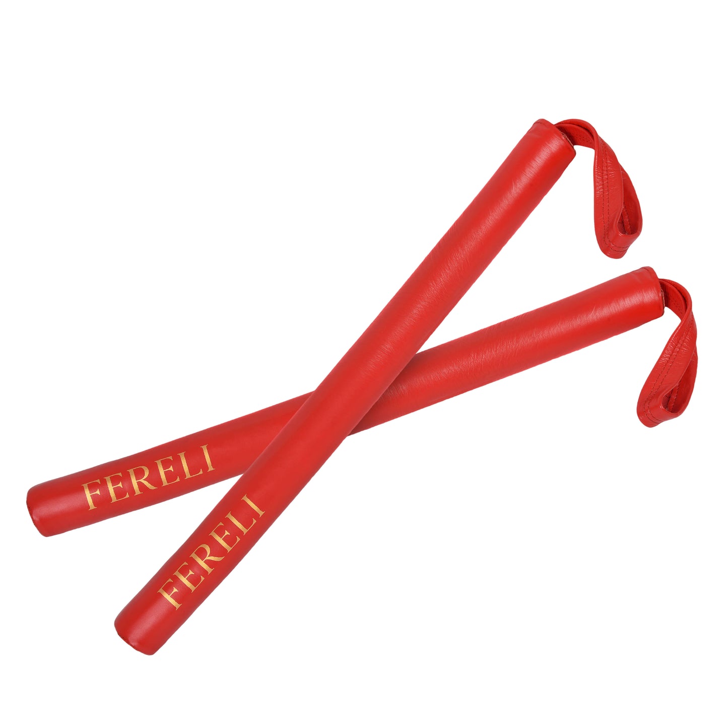 Pair of Fereli red striking sticks crossed over each other with gold Fereli branding and wrist loops visible