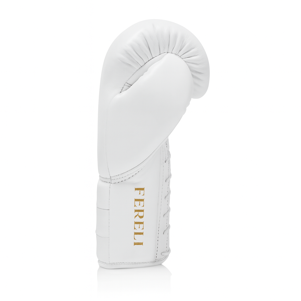 Side view of Fereli Aether boxing glove in white top-grain leather with lace closure, designed for leather and lace boxing and ideal for beginners seeking premium boxing leather.