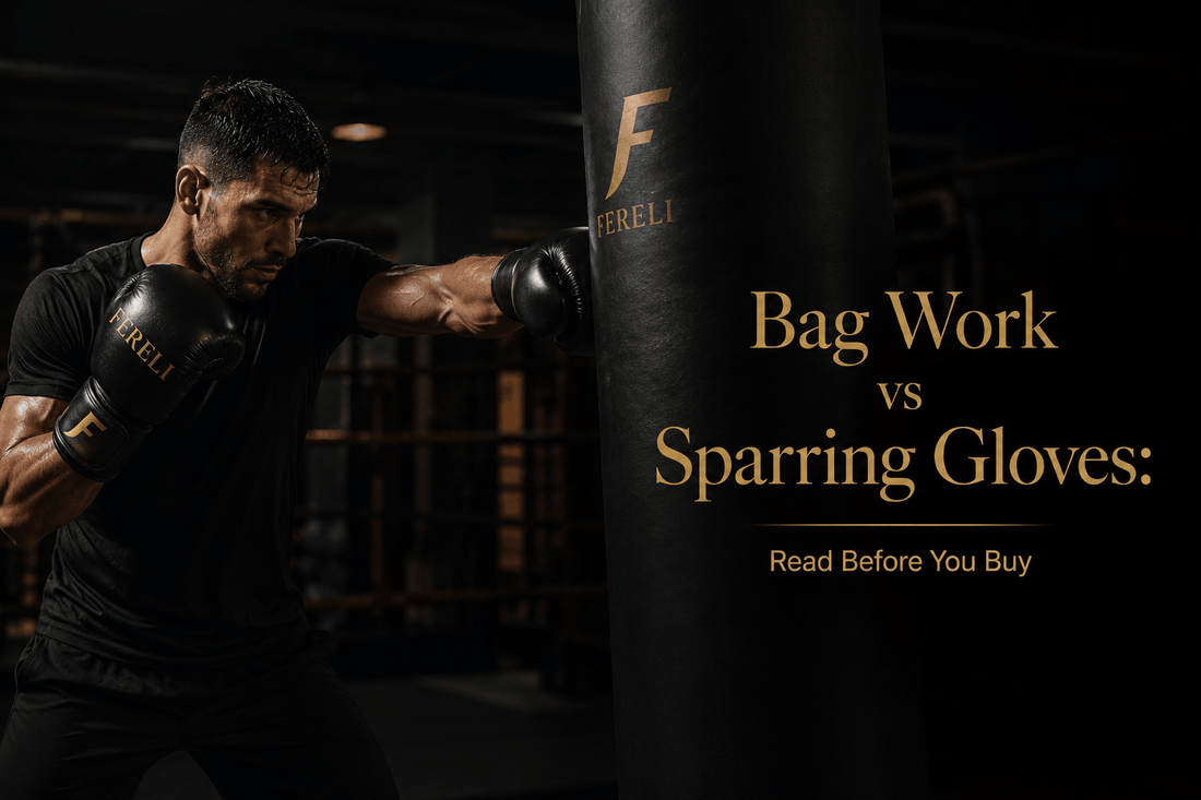 Boxer wearing black Fereli boxing gloves hitting a heavy bag, illustrating the differences between bag work and sparring gloves before buying.