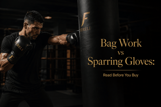 Boxer wearing black Fereli boxing gloves hitting a heavy bag, illustrating the differences between bag work and sparring gloves before buying.