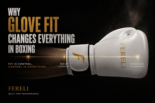 White Fereli Aether boxing glove worn on hand showing proper fit, wrist support and knuckle alignment with text explaining why glove fit matters in boxing performance
