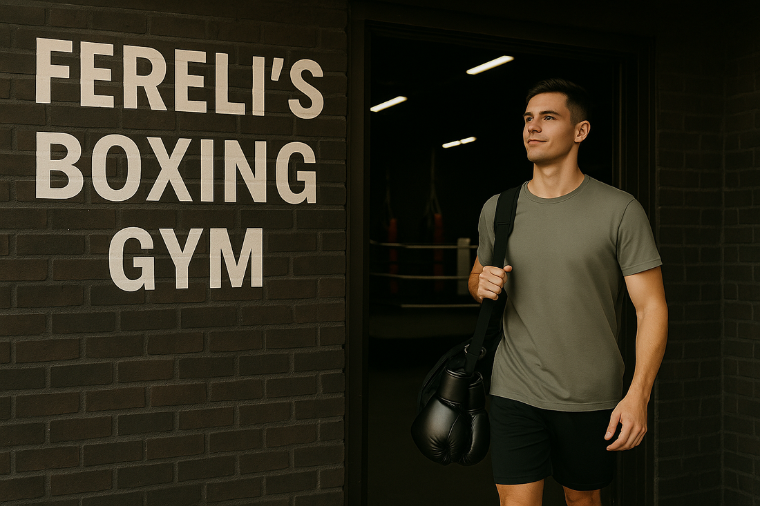 A confident boxing beginner walking into Fereli’s Boxing Gym, carrying gloves and a gym bag, symbolizing the start of a boxing journey and the focus of a boxing guide for beginners.