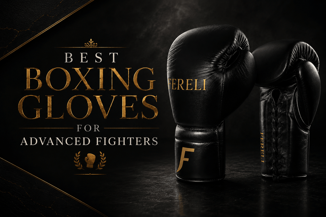 Fereli Phantom premium black lace-up boxing gloves featured in a luxury-style design for the blog “Best Boxing Gloves for Advanced Fighters”, highlighting high-level training gloves for serious fighters and advanced boxing performance.
