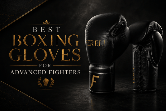 Fereli Phantom premium black lace-up boxing gloves featured in a luxury-style design for the blog “Best Boxing Gloves for Advanced Fighters”, highlighting high-level training gloves for serious fighters and advanced boxing performance.