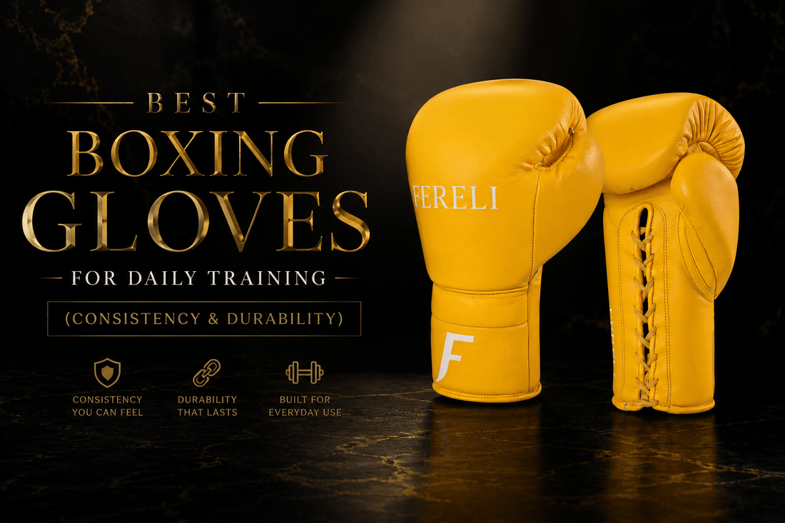 Premium yellow Fereli Emberlight boxing gloves featured in a guide about the best boxing gloves for daily training, highlighting durability, consistency, comfort, and everyday performance for serious fighters.