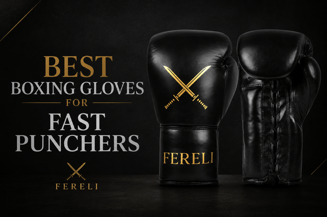 Fereli Shinken boxing gloves featured in a blog cover about the best boxing gloves for fast punchers, highlighting speed, punch feedback, wrist support, and technical boxing performance.