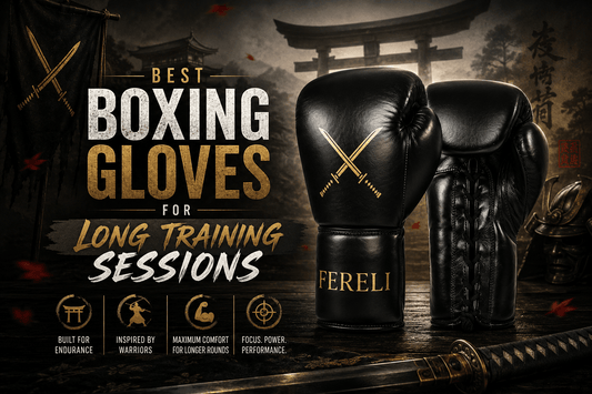 Fereli Shinken premium boxing gloves featured in a blog cover about the best boxing gloves for long training sessions, highlighting endurance, comfort, durability, and performance for extended boxing workouts.