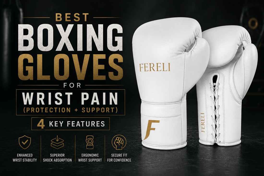 Fereli Aether white premium boxing gloves featured in a blog cover about the best boxing gloves for wrist pain, highlighting wrist support, shock absorption, and protection for safer training.