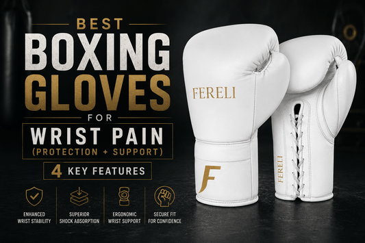 Fereli Aether white premium boxing gloves featured in a blog cover about the best boxing gloves for wrist pain, highlighting wrist support, shock absorption, and protection for safer training.