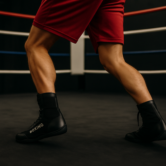 Boxer practicing footwork drills in a dimly lit gym, captured mid-step to emphasize balance, movement, and control during boxing training.