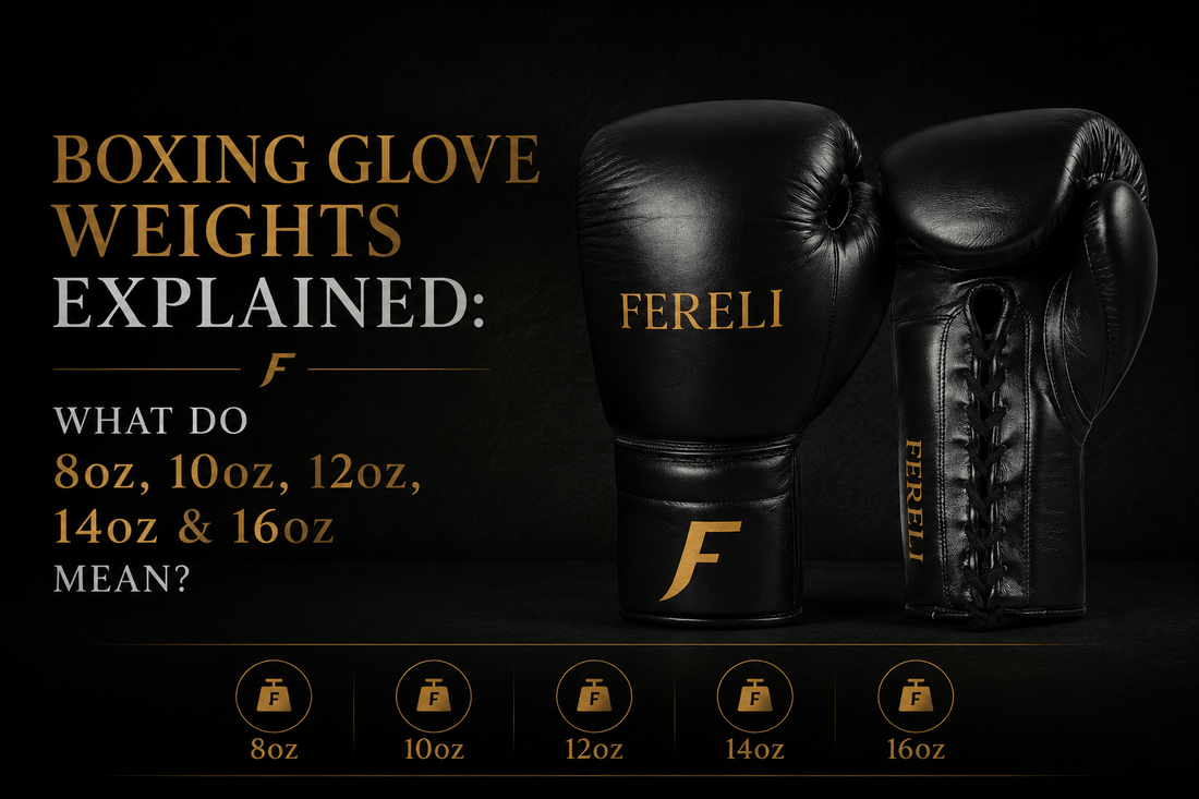 Fereli Phantom boxing gloves alongside the title “Boxing Glove Weights Explained” covering what 8oz, 10oz, 12oz, 14oz and 16oz boxing gloves mean.