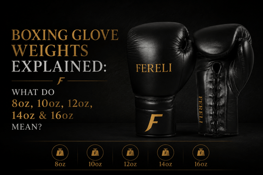 Fereli Phantom boxing gloves alongside the title “Boxing Glove Weights Explained” covering what 8oz, 10oz, 12oz, 14oz and 16oz boxing gloves mean.