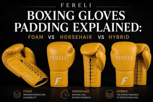 Fereli Emberlight yellow boxing gloves illustrating the differences between foam, horsehair and hybrid boxing glove padding.