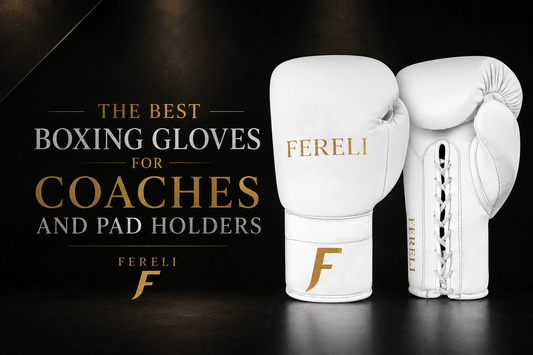Fereli Aether white lace-up boxing gloves featured in a luxury boxing blog cover titled “The Best Boxing Gloves for Coaches and Pad Holders”, showcasing premium handcrafted leather construction and professional training performance.