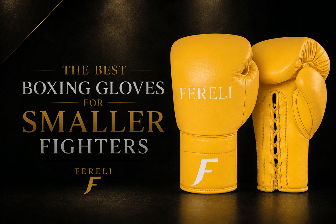 Fereli Emberlight yellow lace-up boxing gloves featured in a luxury boxing blog cover titled “The Best Boxing Gloves for Smaller Fighters”, highlighting a compact glove profile, premium craftsmanship, and performance for lighter-weight boxers.