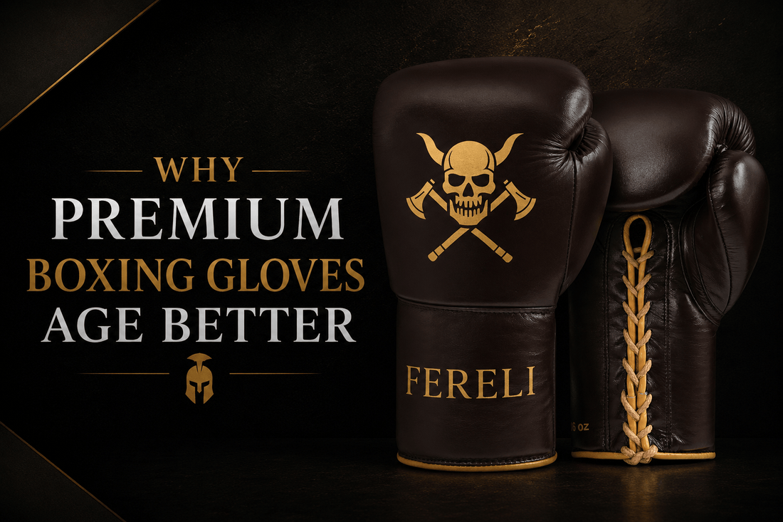 Fereli Huskarl handcrafted genuine leather boxing gloves featured in a blog about why premium boxing gloves age better, highlighting long-term durability, premium craftsmanship, and lasting performance.