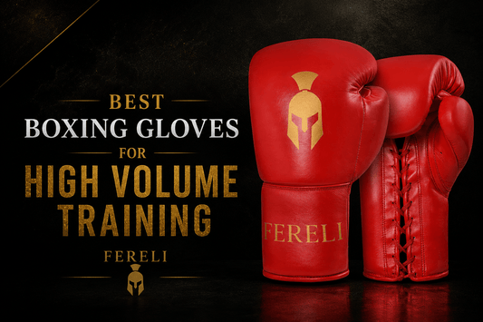 Fereli Ludus boxing gloves featured in a blog cover about the best boxing gloves for high volume training, showcasing premium leather construction, lace-up closure, and durability for frequent boxing sessions.