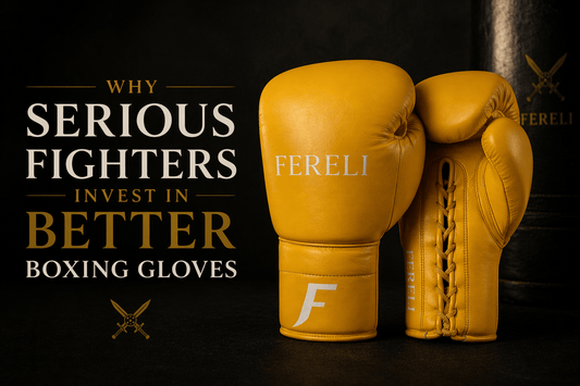Premium yellow Fereli boxing gloves in a dark luxury setting with text “Why serious fighters invest in better boxing gloves”, highlighting high-quality craftsmanship and performance gear
