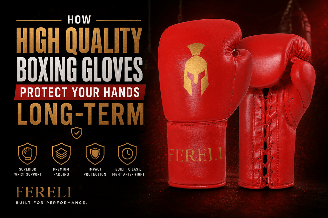 Red Fereli Ludus boxing gloves showcasing premium padding, wrist support and long-term hand protection for boxing training and sparring
