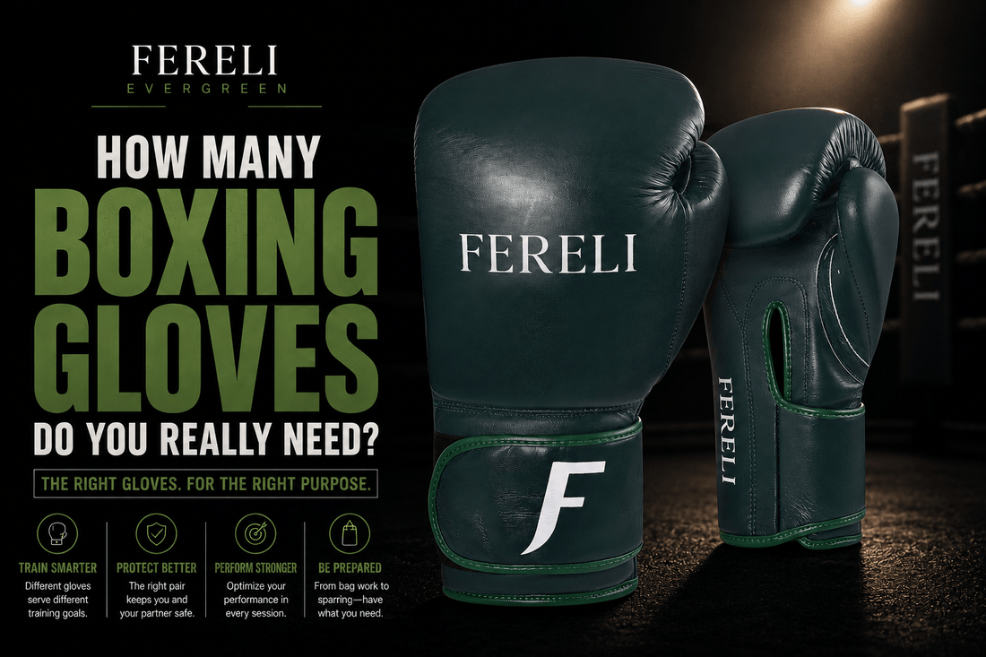 Fereli Evergreen premium green boxing gloves featured in a guide explaining how many boxing gloves fighters really need for training, sparring, heavy bag work, and building the ideal boxing gear setup.