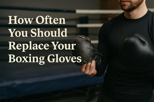A boxer holding a pair of worn gym training gloves in one hand and new gloves in the other, with a boxing ring visible in the background, illustrating when to replace gloves for training and boxing competition.