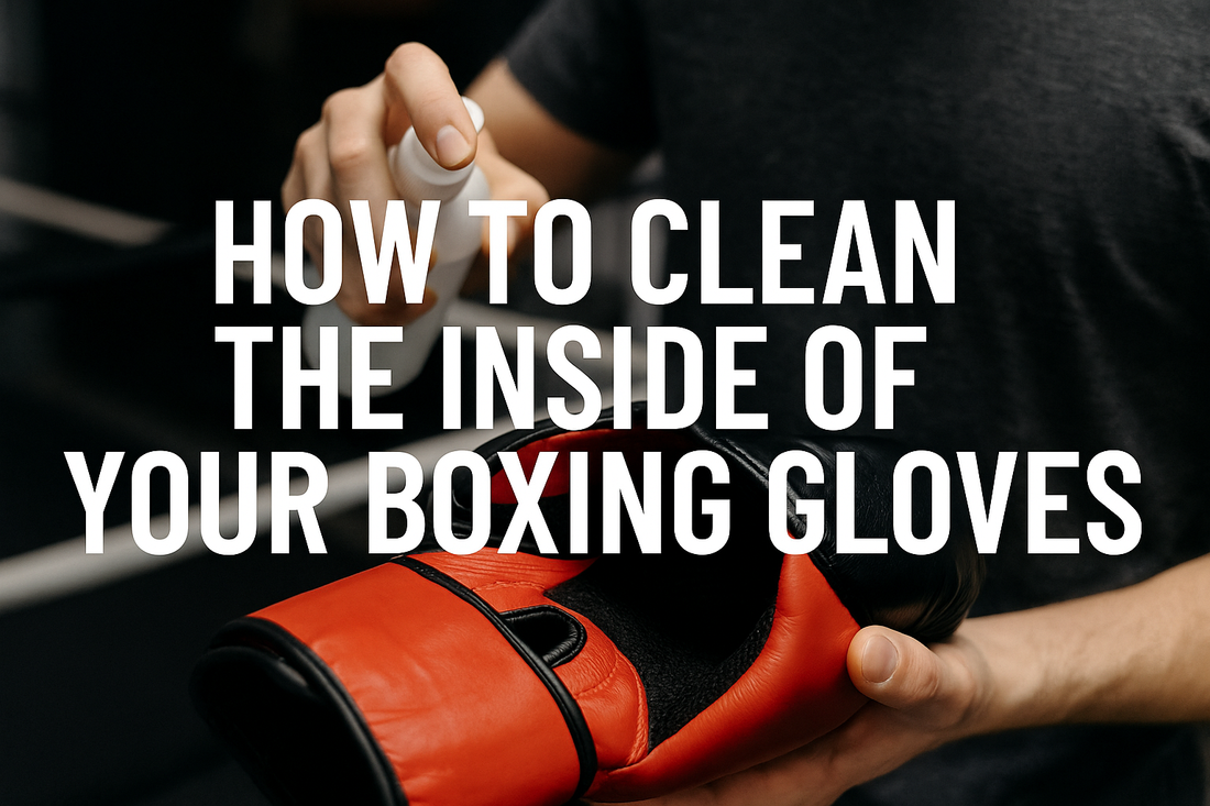 Boxer cleaning the inside of boxing gloves with cloth and spray, demonstrating how to clean the inside of your boxing gloves.