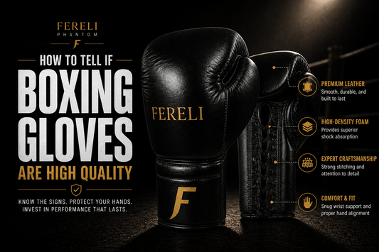 Fereli Phantom premium black boxing gloves featured in a guide showing how to tell if boxing gloves are high quality, highlighting top grain leather, high-density foam padding, expert craftsmanship, and proper fit for performance and protection.