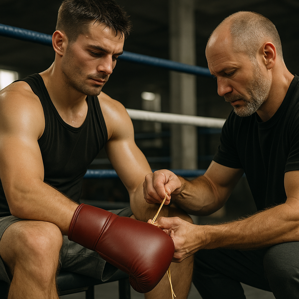 Coach helping boxer tie lace-up boxing gloves before training session in the gym, highlighting the traditional glove style.