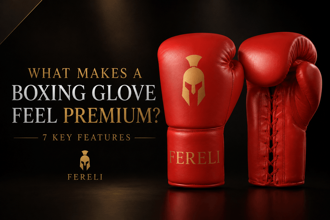 Fereli Ludus premium boxing gloves featured in a guide explaining the 7 key features that make boxing gloves feel premium, including leather quality, fit, padding, craftsmanship, and wrist support.
