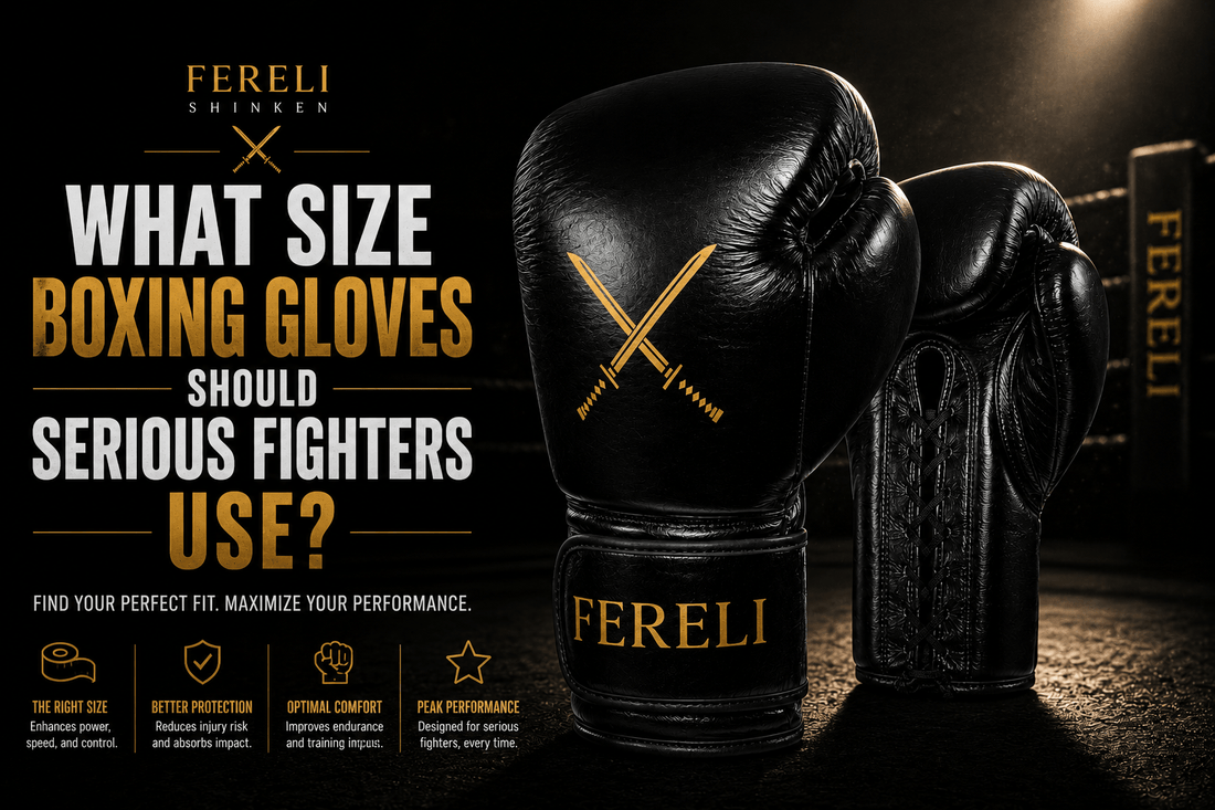 Fereli Shinken premium black boxing gloves featured in a guide explaining what size boxing gloves serious fighters should use, highlighting proper glove weight for training, protection, comfort, and performance.